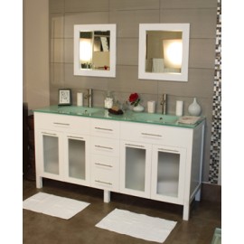 Cardiff 60" White, Glass Top w/Integrated Glass Sinks, Glass Doors