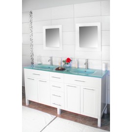 Cardiff 60" White, Glass Top w/Integrated Glass Sinks, Solid Doors