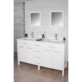 Cardiff 60" White, Quartz Top w/Ceramic Undermount Sinks, Solid Doors